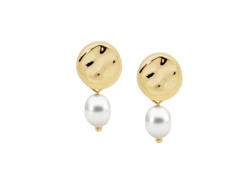 Ellani Gold Plated Stainless Steel Freshwater Pearl Hammered Disc Earrings image