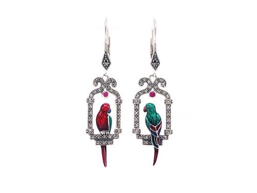 Sterling Silver Marcasite Ruby Enamel Parrot Earrings image