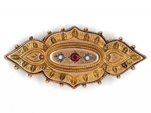 9ct Synthetic Ruby & Pearl Brooch image