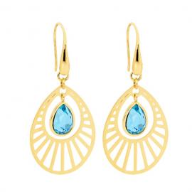 Ellani Gold Plated Stainless Steel Blue Glass Drop Hook Earrings image