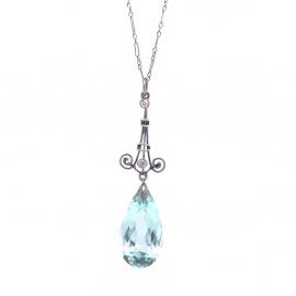 Platinum Aquamarine Diamond Drop Pendant 42cm image