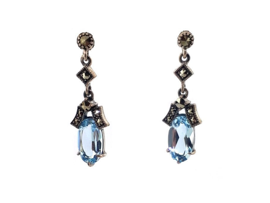 350301 vintage style stg marcasite blue topaz drop earrings