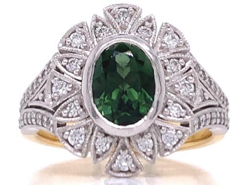 18ct Green Tourmaline Diamond Cluster Ring TDW 0.50ct image