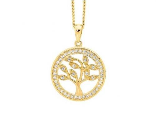 Ellani Stg Gold Plated CZ Tree Of Life Pendant - Small image