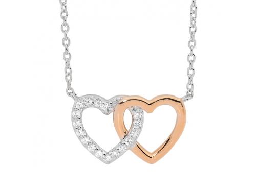 Ellani Stg CZ Two Tone Double Heart Necklace image