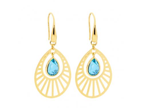 Ellani Gold Plated Stainless Steel Blue Glass Drop Hook Earrings image