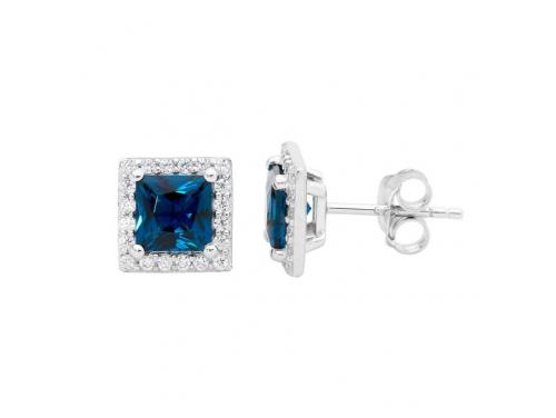 Ellani Stg CZ London Blue Square Stud Earrings image