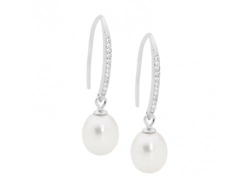 Ellani Stg CZ Fresh Water Pearl Drop Hook Earrings image