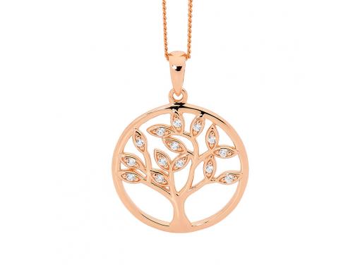 Ellani Stg Rose Gold Plated CZ Tree Of Life Pendant - Large image