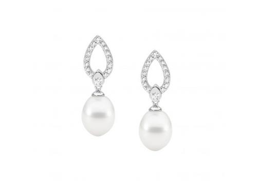 Ellani Stg CZ Freshwater Pearl Open Teardrop Earrings image