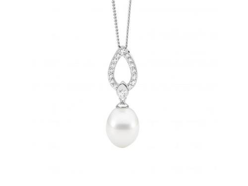 Ellani Stg CZ Freshwater Pearl Open Teardrop Pendant image