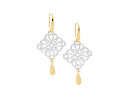 Ellani Stainless Steel Two Tone Filigree Drop Earrings image