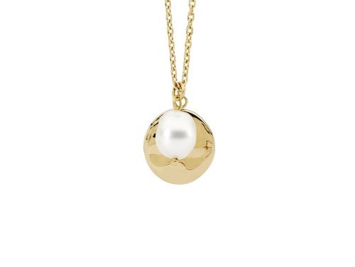 Ellani Gold Plated Stainless Steel Freshwater Pearl Hammered Disc Pendant image