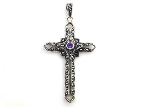 Sterling Silver Amethyst Marcasite Cross Pendant image