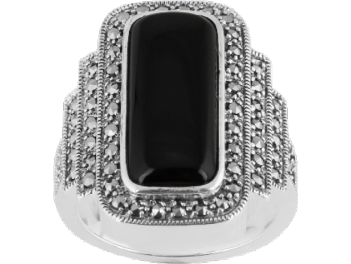 Sterling Silver Art Deco Rectangle Onyz Marcasite Ring image