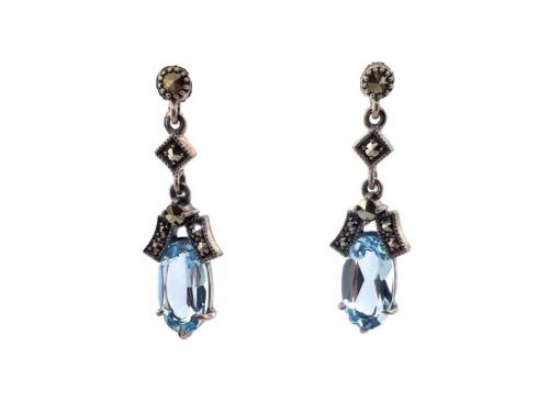 Sterling Silver Blue Topaz Marcasite Drop Earrings image