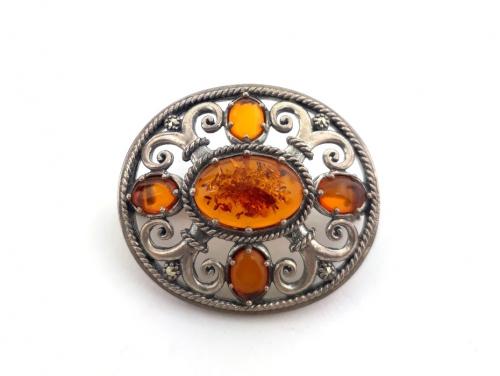 Sterling Silver Amber Marcasite Oval Brooch image