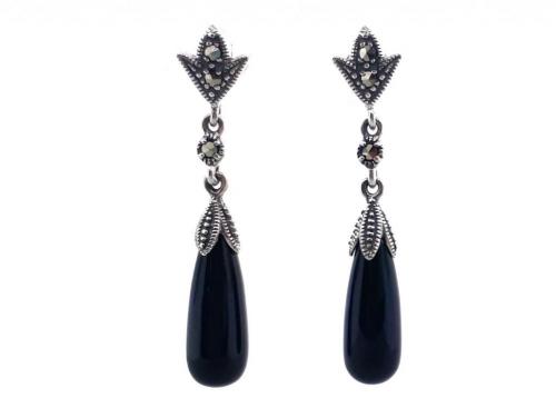 Sterling Silver Onyx Marcasite Drop Earrings image