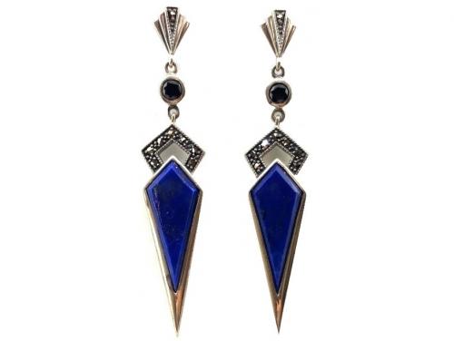 Sterling Silver Lapis Lazuli Marcasite Onyx Drop Earrings image