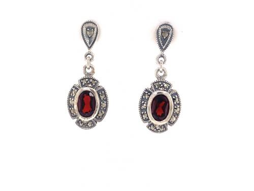 Sterling Silver Garnet Marcasite Deco Stud Earrings image