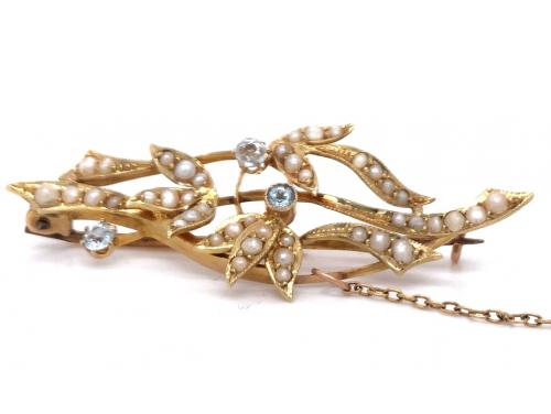 15ct Vintage Aquamarine Pearl Brooch image