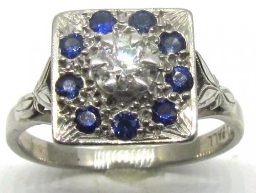 18ct White Gold/ Palladium Synthetic Sapphire Diamond Cluster image