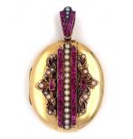 3712898 9ct Ruby Pink Sapphire Pearl Deco Brooch2