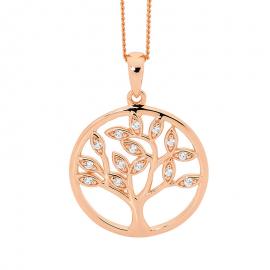Ellani Stg Rose Gold Plated CZ Tree Of Life Pendant - Large image