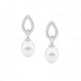 Ellani Stg CZ Freshwater Pearl Open Teardrop Earrings image