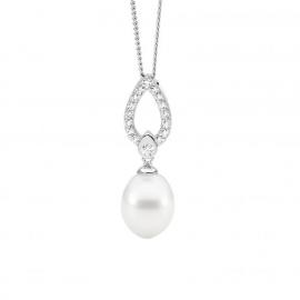 Ellani Stg CZ Freshwater Pearl Open Teardrop Pendant image