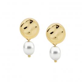 Ellani Gold Plated Stainless Steel Freshwater Pearl Hammered Disc Earrings image