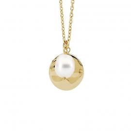 Ellani Gold Plated Stainless Steel Freshwater Pearl Hammered Disc Pendant image