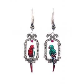 Sterling Silver Marcasite Ruby Enamel Parrot Earrings image