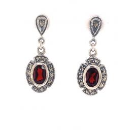 Sterling Silver Garnet Marcasite Deco Stud Earrings image