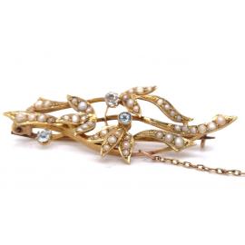 15ct Vintage Aquamarine Pearl Brooch image