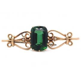 15ct Rose Gold Vintage Green Tourmaline Pearl Brooch image