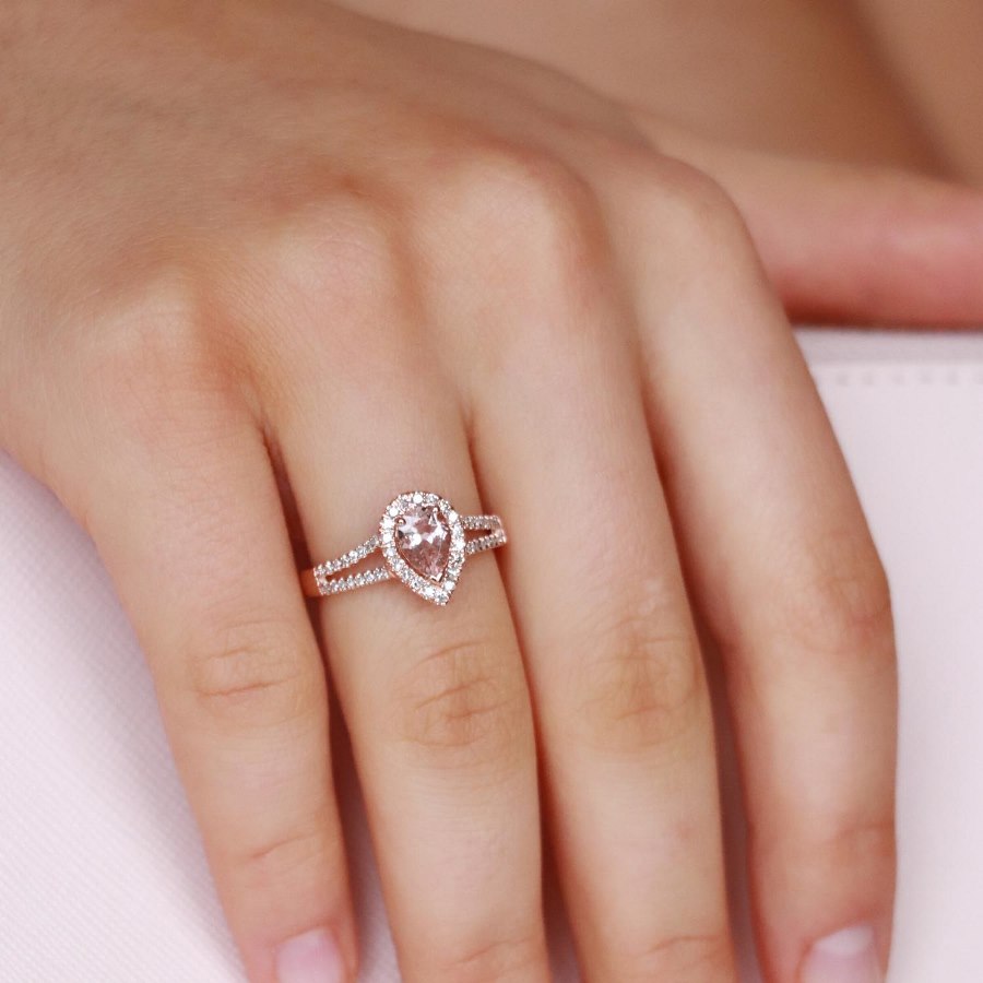9ct Rose Gold Pear Shape Morganite Diamond Halo Ring TDW 0.25ct
