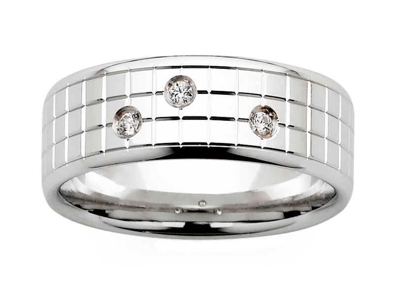 130887 gents white gold diamond patterned wedding ring