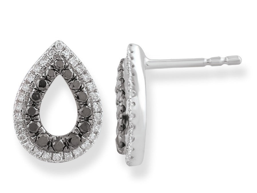 202573 9ct white gold black white diamond open pear earrings