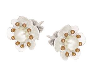 Stg/Rose Gold Plated Freshwater Pearl Flower Earrings