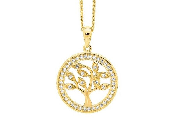 Ellani Stg Gold Plated CZ Tree Of Life Pendant - Small