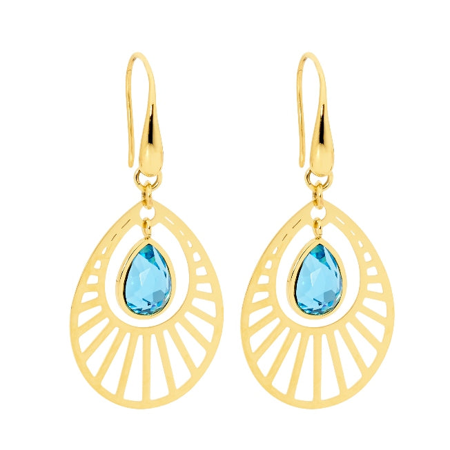Ellani Gold Plated Stainless Steel Blue Glass Drop Hook Earrings