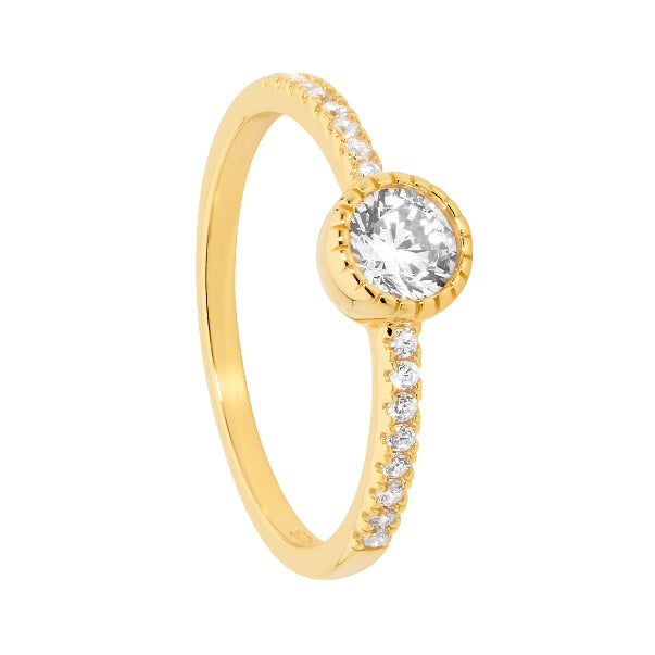 Ellani Gold Plated Stg CZ Solitaire Ring With Shoulder Stones