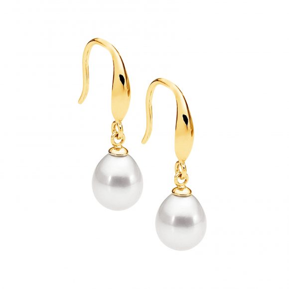 Ellani Stg Gold Plated Freshwater Pearl Drop Hook Earrings