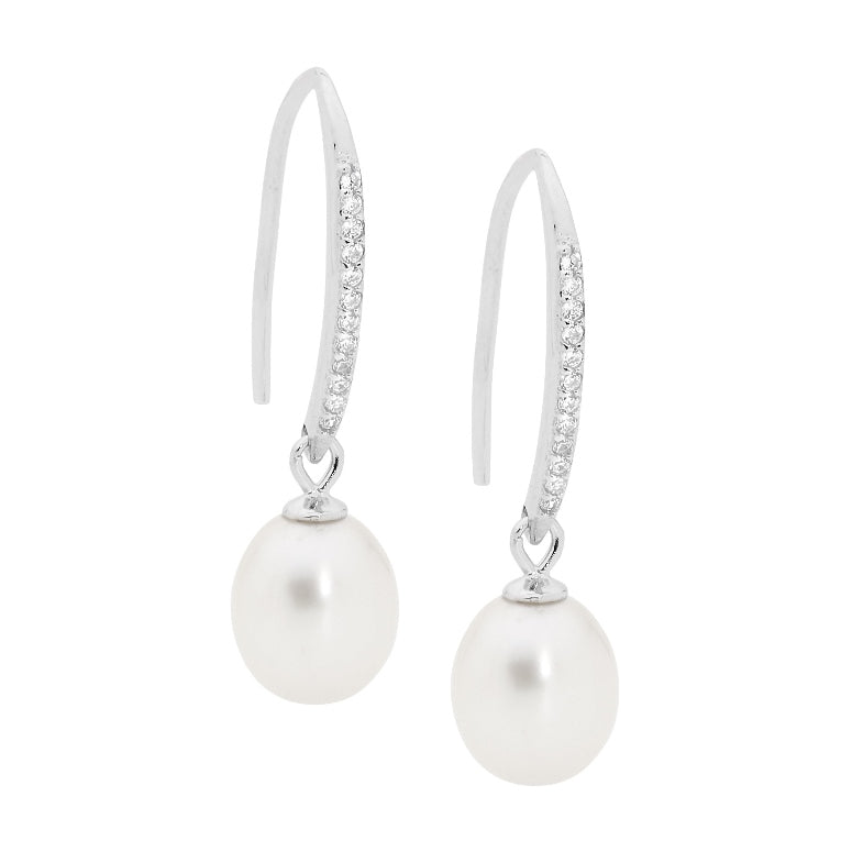 Ellani Stg CZ Fresh Water Pearl Drop Hook Earrings