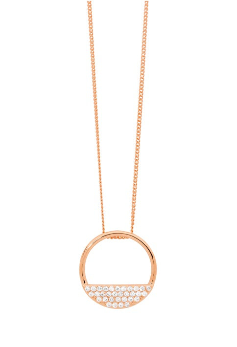 Ellani Stg Rose Gold Plated CZ Half Open Circle Pendant