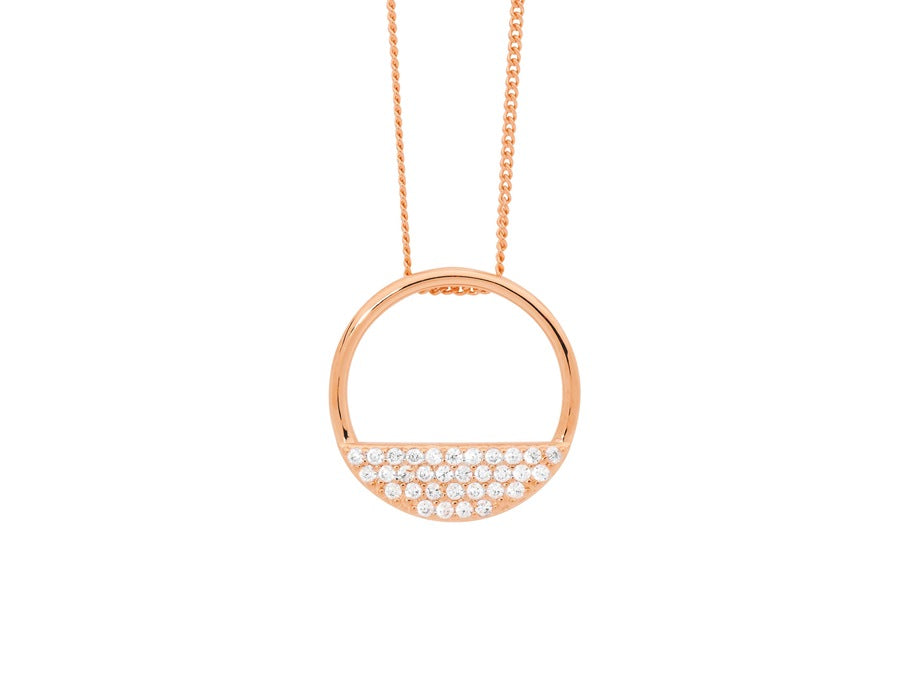 Ellani Stg Rose Gold Plated CZ Half Open Circle Pendant