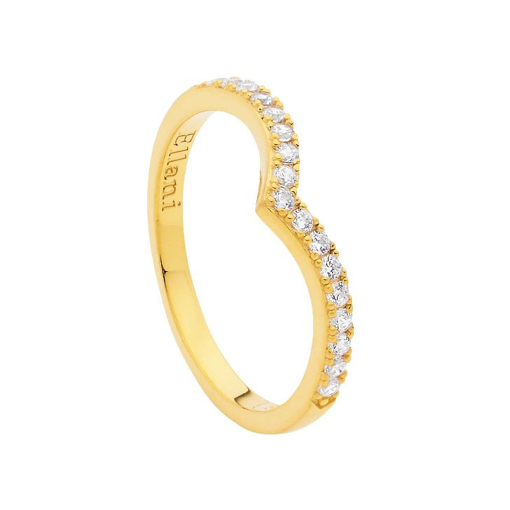 Ellani Gold Plated Stg CZ V Shape Stacker Ring