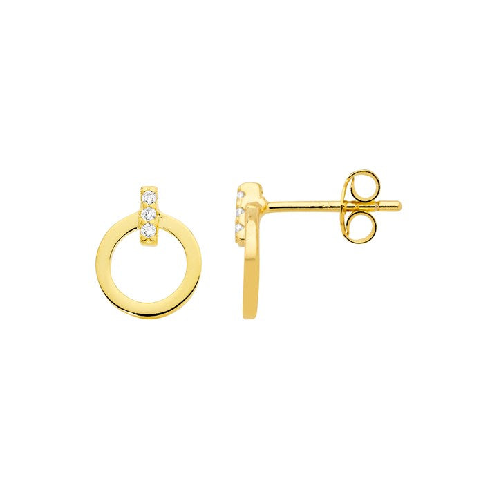Ellani Stg Gold Plated CZ Open Circle Bar Stud Earrings