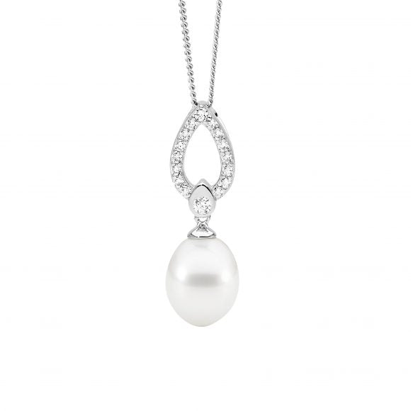 291452 ellani stg cz freshwater pearl open tearldrop pendant